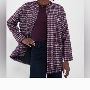 Pomander Place  Tuckernuck Gigi Plum Plaid Tweed Open Front Crested Gold Buttons